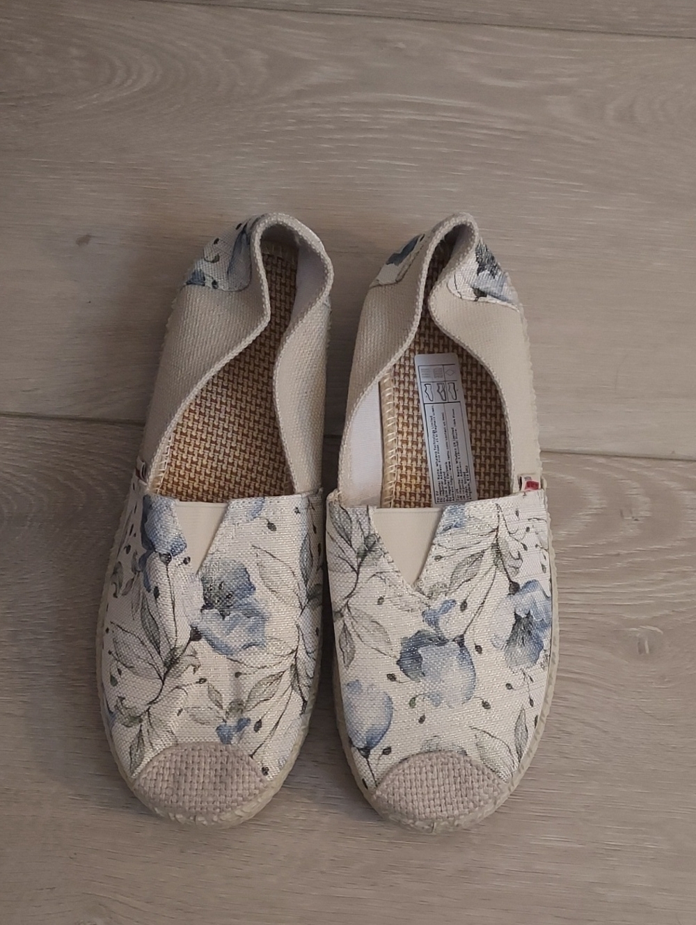 Women’s Cream Canvas Slip-On Espadrilles with Blue Floral Print